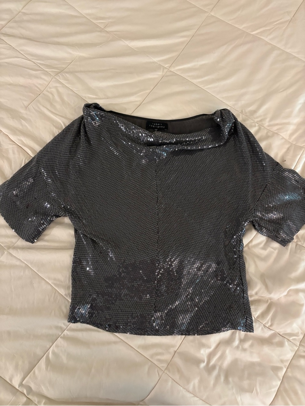Robert Rodriguez Grey Sequin Drape Cowl Nexck Short Sleeve Top